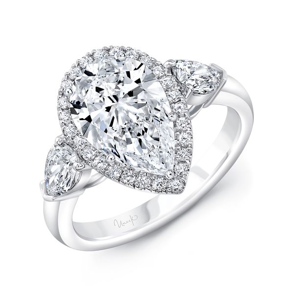 Uneek Signature Collection 3-Stone-Halo Pear Shaped Diamond Engagement Ring D. Geller & Son Jewelers Atlanta, GA