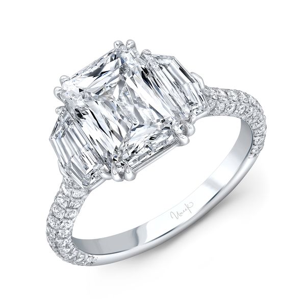 Uneek Signature Collection Three-Stone Cushion Cut Diamond Engagement Ring Mystique Jewelers Alexandria, VA