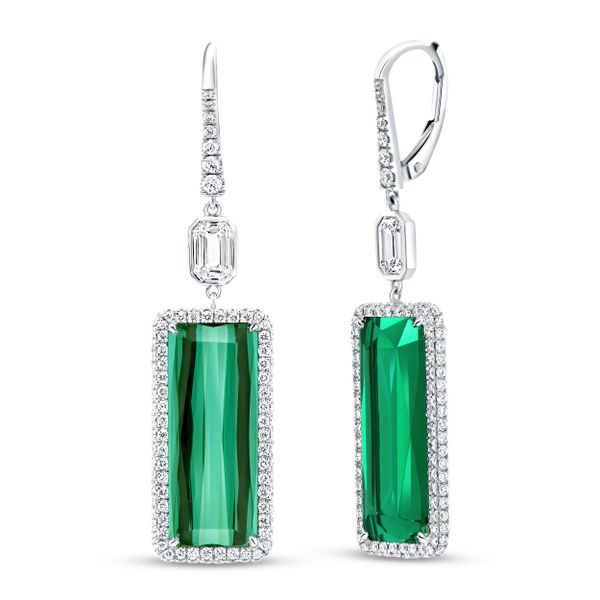Uneek Stackable Collection Halo Emerald Cut Green Tourmaline Dangle Earrings Parris Jewelers Hattiesburg, MS