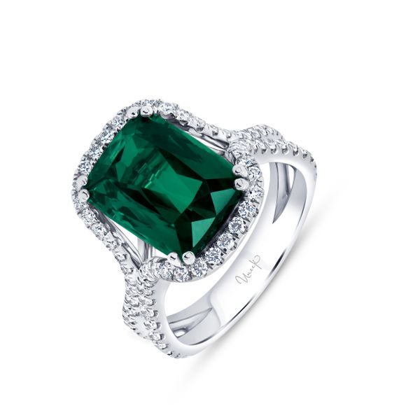 Uneek Precious Collection Halo Elongated Cushion Cut Green Tourmaline Fashion Ring Meritage Jewelers Lutherville, MD