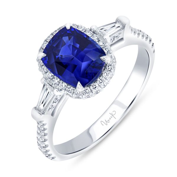 Uneek Precious Collection Halo Cushion Cut Blue Sapphire Engagement Ring Aires Jewelers Morris Plains, NJ
