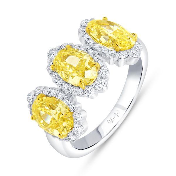 Uneek Natureal Collection 3-Stone-Halo Oval Shaped Fancy Yellow Diamond Anniversary Ring Aires Jewelers Morris Plains, NJ