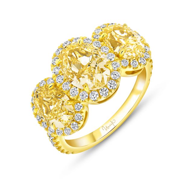 Uneek Natureal Collection 3-Stone-Halo Oval Shaped Fancy Yellow Diamond Fashion Ring Meritage Jewelers Lutherville, MD