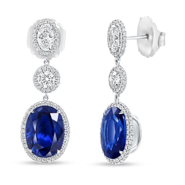 Uneek Precious Collection Halo Oval Shaped Blue Sapphire Dangle Earrings Diamond Showcase Longview, WA