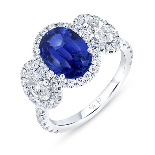 Uneek Precious Collection 3-Stone-Halo Oval Shaped Blue Sapphire Ring Diamond Showcase Longview, WA
