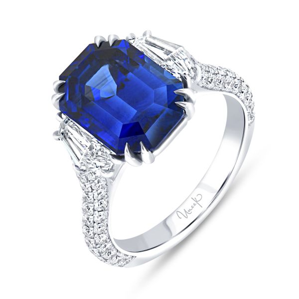 Uneek Precious Collection Three-Stone Emerald Cut Blue Sapphire Engagement Ring Diamond Showcase Longview, WA