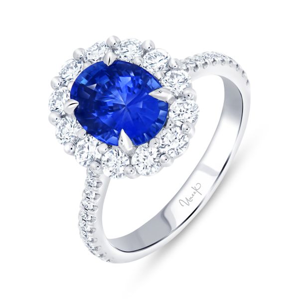 Uneek Precious Collection Halo Oval Shaped Blue Sapphire Engagement Ring Meritage Jewelers Lutherville, MD