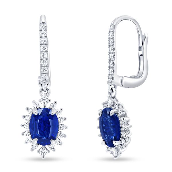 Uneek Precious Collection Halo Oval Shaped Blue Sapphire Dangle Earrings Parris Jewelers Hattiesburg, MS