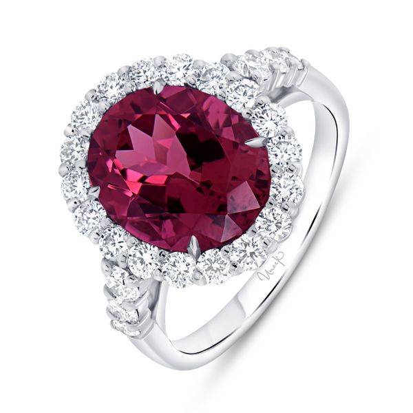 Uneek Precious Collection Halo Oval Shaped Pink Tourmaline Engagement Ring Meritage Jewelers Lutherville, MD