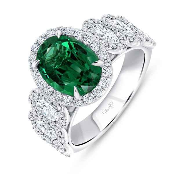 Uneek Precious Collection Halo Oval Shaped Emerald Engagement Ring Mystique Jewelers Alexandria, VA