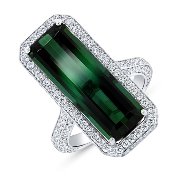 Uneek Precious Collection Halo Emerald Cut Green Tourmaline Engagement Ring Pickens Jewelers, Inc. Atlanta, GA