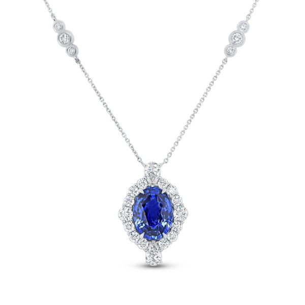 Uneek Precious Collection Halo Oval Shaped Blue Sapphire Drop Pendant Parris Jewelers Hattiesburg, MS