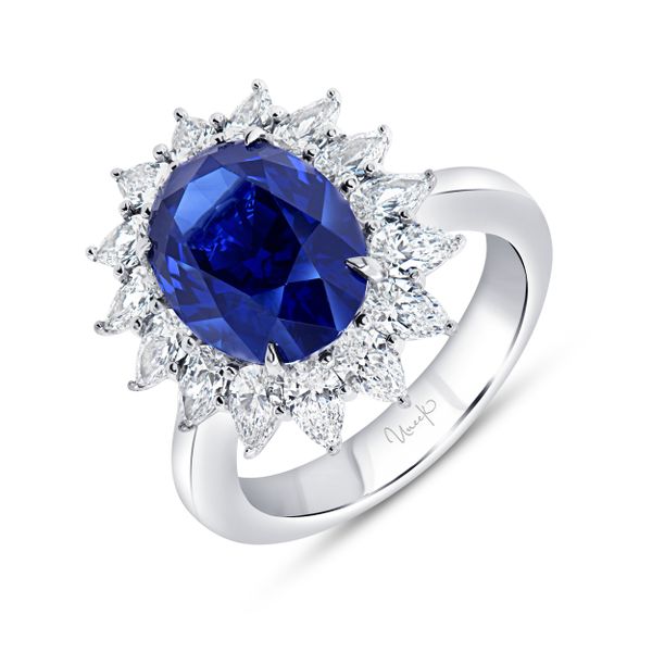 Uneek Precious Collection Halo Oval Shaped Blue Sapphire Engagement Ring Mystique Jewelers Alexandria, VA