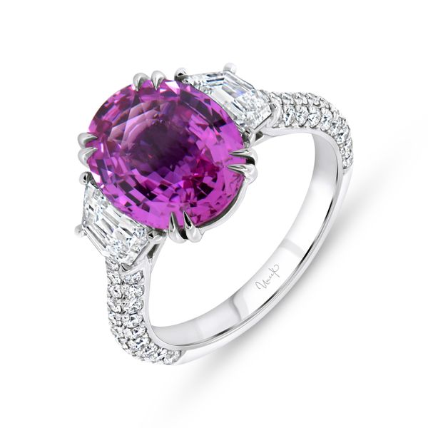 Uneek Precious Collection Three-Stone Oval Shaped Pink Sapphire Engagement Ring Mystique Jewelers Alexandria, VA