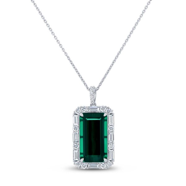Uneek Precious Collection Halo Emerald Cut Green Tourmaline Brooch Pendant Diamond Showcase Longview, WA