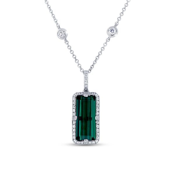 Uneek Precious Collection Halo Emerald Cut Green Tourmaline Drop Pendant Diamond Showcase Longview, WA