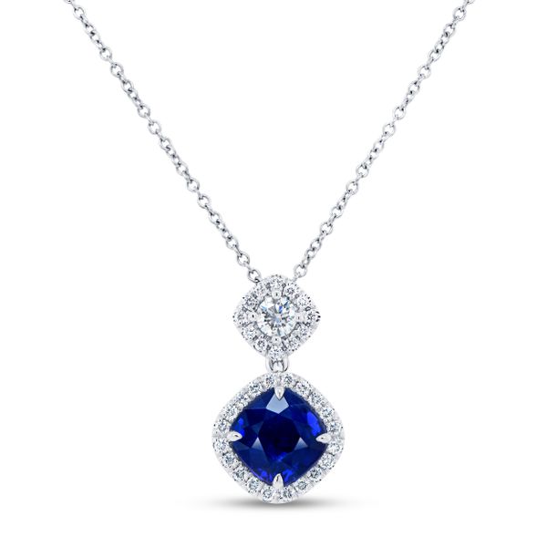 Uneek Precious Collection Halo Cushion Cut Blue Sapphire Brooch Pendant D. Geller & Son Jewelers Atlanta, GA