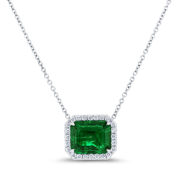 Uneek Precious Collection Halo Emerald Cut Emerald Brooch Pendant D. Geller & Son Jewelers Atlanta, GA