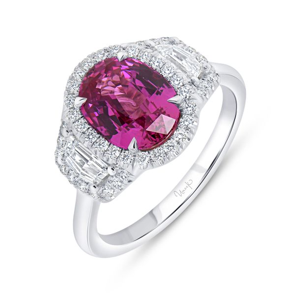 Uneek Precious Collection 3-Stone-Halo Oval Shaped Pink Sapphire Engagement Ring Meritage Jewelers Lutherville, MD