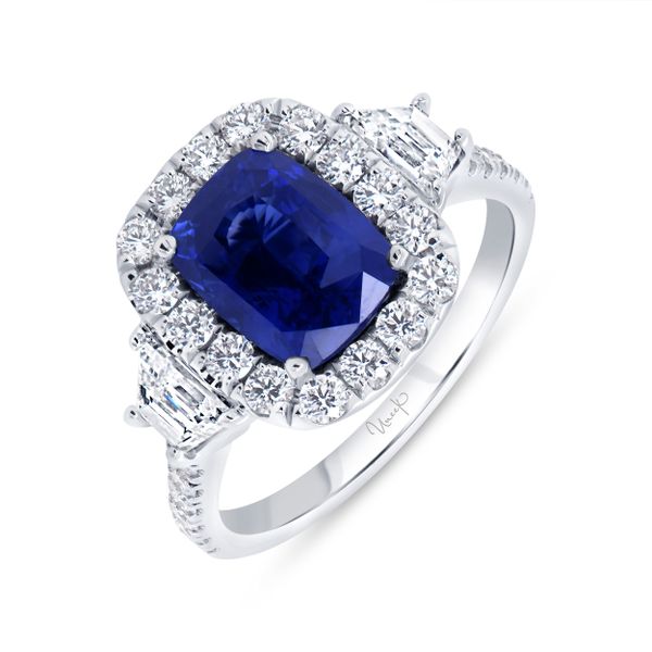 Uneek Precious Collection 3-Stone-Halo Cushion Cut Blue Sapphire Engagement Ring Pickens Jewelers, Inc. Atlanta, GA