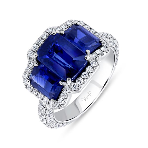 Uneek Precious Collection 3-Stone-Halo Emerald Cut Blue Sapphire Engagement Ring Meritage Jewelers Lutherville, MD