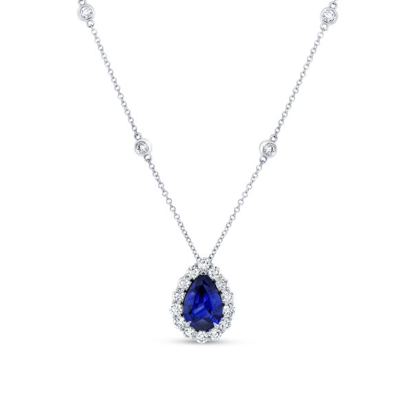 Uneek Precious Collection Halo Pear Shaped Blue Sapphire Brooch Pendant D. Geller & Son Jewelers Atlanta, GA