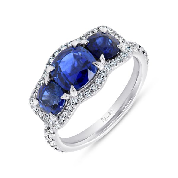 Uneek Precious Collection 3-Stone-Halo Cushion Cut Blue Sapphire Engagement Ring Aires Jewelers Morris Plains, NJ