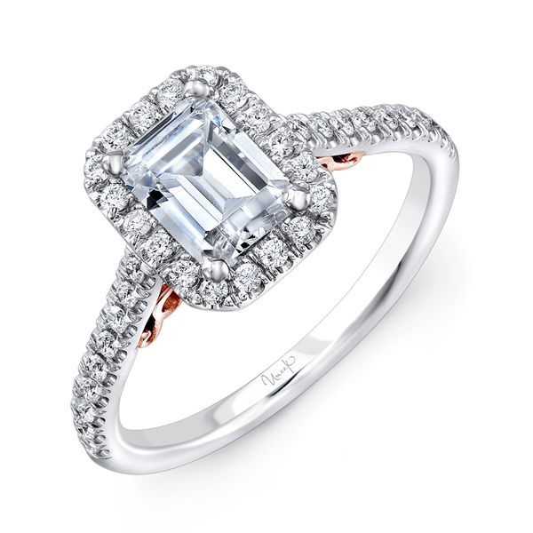 Uneek Fiorire Emerald-Cut Diamond Halo Engagement Ring with Pave Shank Mystique Jewelers Alexandria, VA