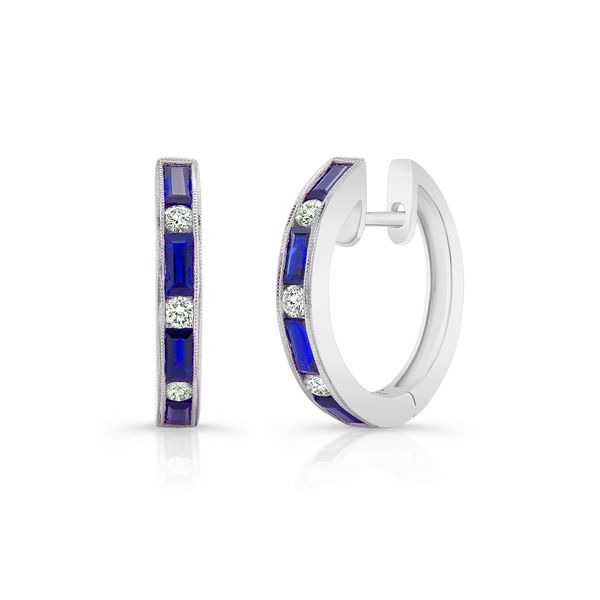 Uneek Blue Sapphire Diamond Huggies Mystique Jewelers Alexandria, VA