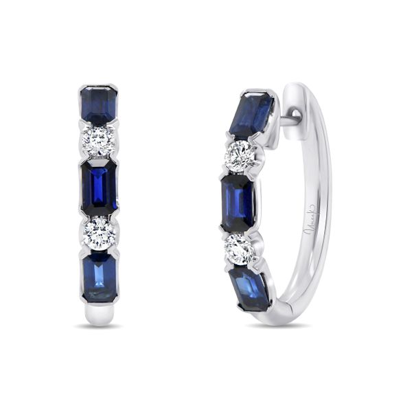 Uneek Precious Collection Emerald Cut Blue Sapphire Huggie Earrings Aires Jewelers Morris Plains, NJ
