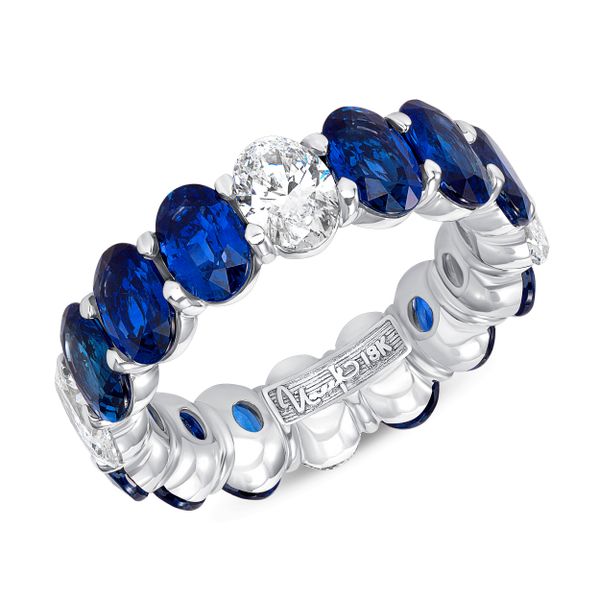 Uneek Oval Blue Sapphire and Oval Diamond Eternity Band in 18K White Gold Mystique Jewelers Alexandria, VA