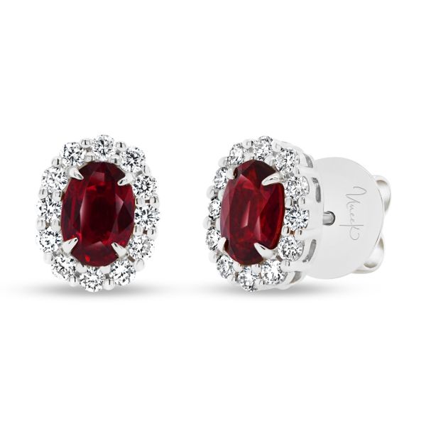Uneek Stud Precious Halo Oval Ruby Diamond Earrings D. Geller & Son Jewelers Atlanta, GA