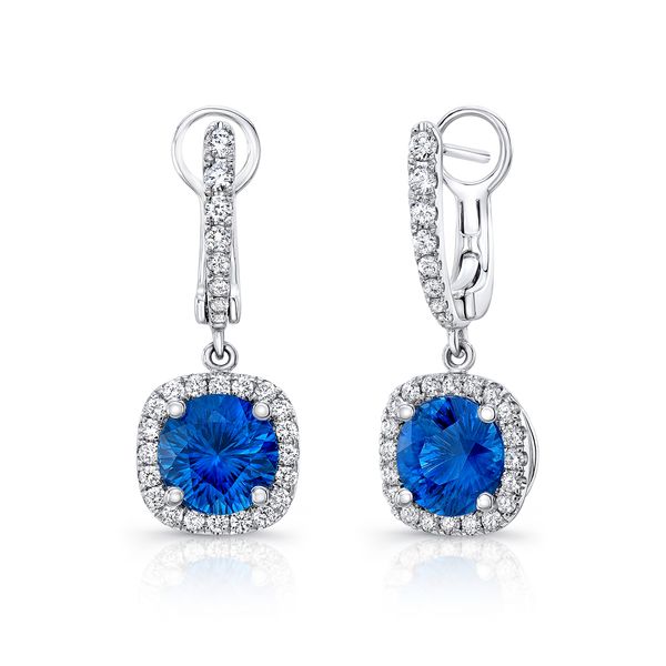 Uneek Round Blue Sapphire Drop Earrings with Cushion-Shaped Diamond Halos Javeri Jewelers Inc Frisco, TX