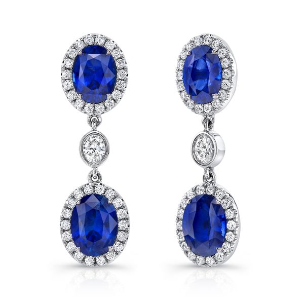 Uneek Oval Blue Sapphire Earrings with Oval Diamond Accents Pickens Jewelers, Inc. Atlanta, GA