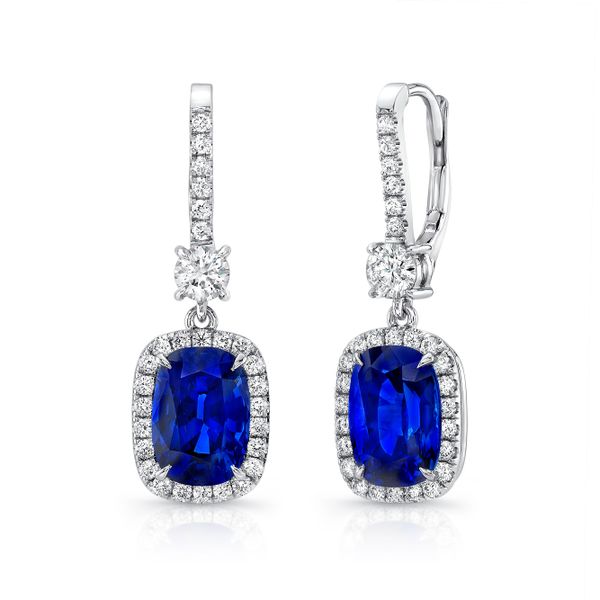 Uneek Cushion-Cut Blue Sapphire Dangle Earrings with Pave Diamond Halos Javeri Jewelers Inc Frisco, TX