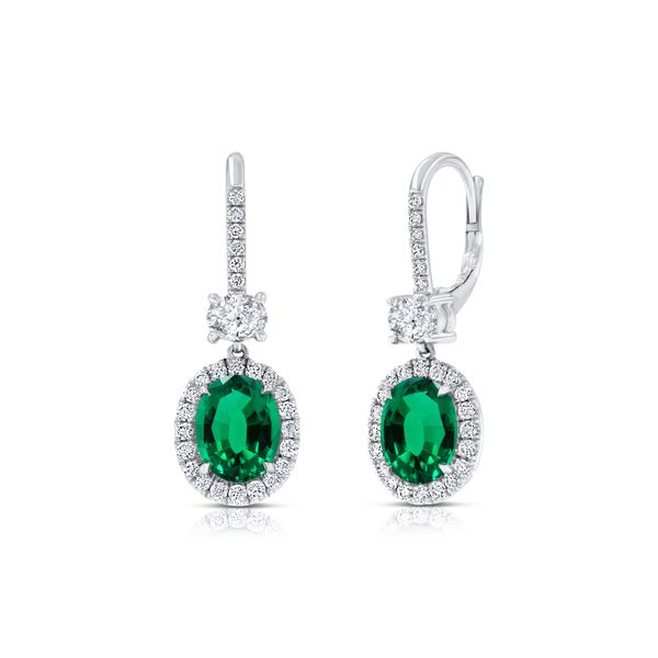 Uneek Oval Green Emerald Dangle Earrings with Pave Diamond Halos Brummitt Jewelry Design Studio LLC Raleigh, NC