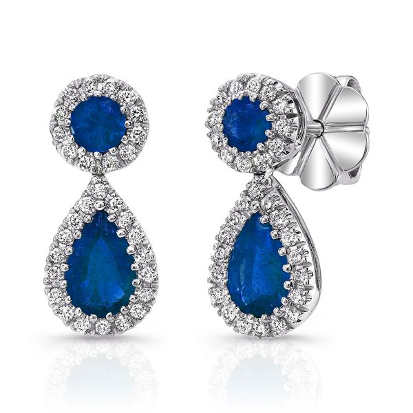 Uneek Vintage-Style Blue Sapphire Teardrop Earrings with Pave Diamond Halos Mystique Jewelers Alexandria, VA