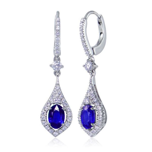 Uneek Oval Blue Sapphire Dangle Earrings with Teardrop-Shaped Pave Diamond Halos Mystique Jewelers Alexandria, VA