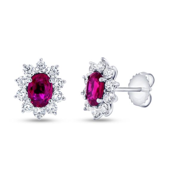 Uneek Precious Collection Halo Oval Shaped Ruby Stud Earrings Aires Jewelers Morris Plains, NJ