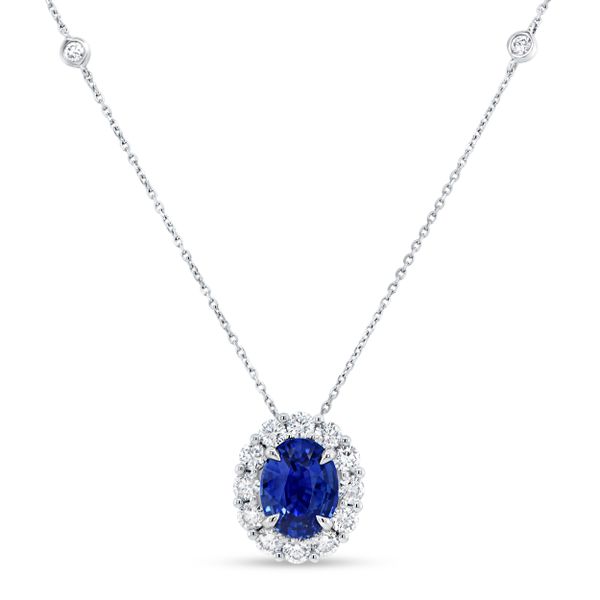 Uneek Precious Halo oval Blue Sapphire Diamond Drop Pendant Mystique Jewelers Alexandria, VA
