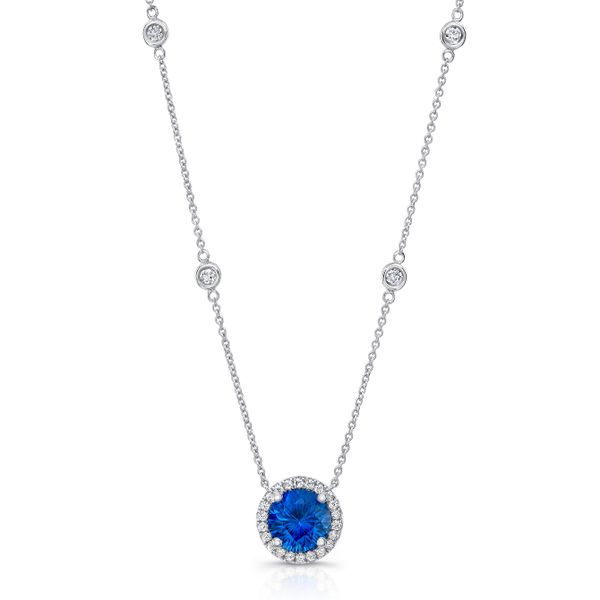 Uneek Round Blue Sapphire Pendant with Round Diamond Halo Mystique Jewelers Alexandria, VA