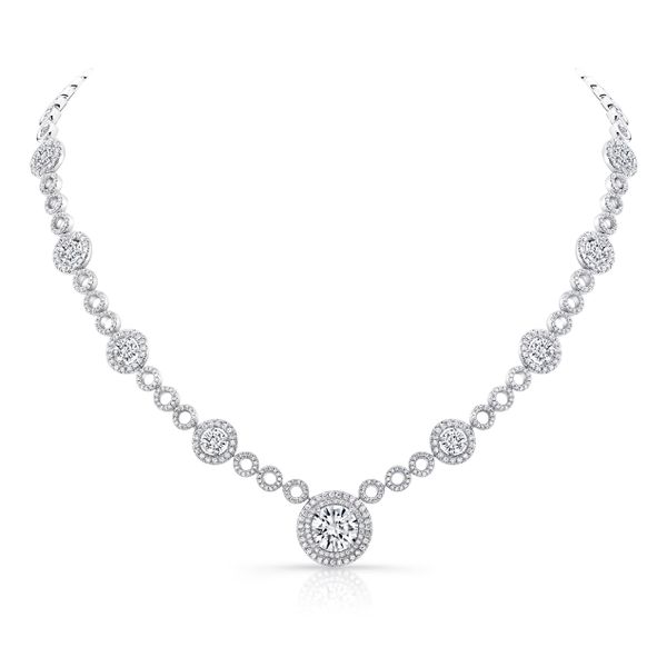 Uneek Contemporary Round Diamond Halo Motif Necklace Brummitt Jewelry Design Studio LLC Raleigh, NC