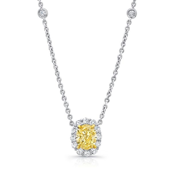 Uneek Oval Fancy Yellow Diamond Pendant with Round Diamond Halo and Bezel Chain Accents Javeri Jewelers Inc Frisco, TX