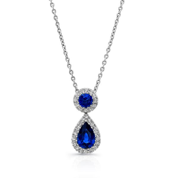 Uneek Pear and Round Blue Sapphire Pendant with Diamond Halos Parris Jewelers Hattiesburg, MS