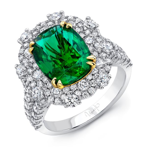 Uneek Cushion-Cut Emerald Halo Cocktail Ring D. Geller & Son Jewelers Atlanta, GA