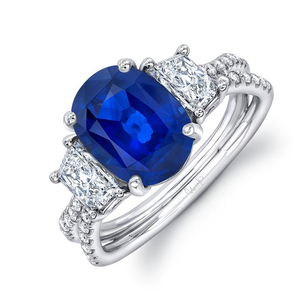 3-Stone Diamond Halo Sapphire Ring | CCS2568-W | Valina Fine Jewelry