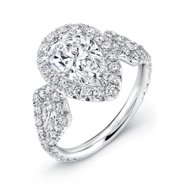 Uneek Pear-Center Three-Stone Engagement Ring with Pave Halo D. Geller & Son Jewelers Atlanta, GA