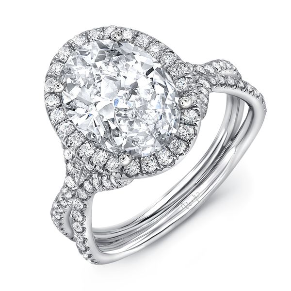 Uneek Oval Diamond Halo Ring with Silhouette Double Shank and Flared Pave Shoulders Parris Jewelers Hattiesburg, MS
