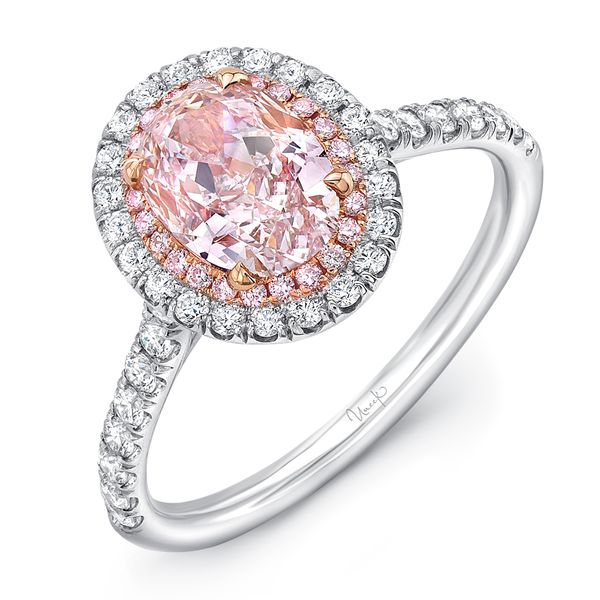 Uneek Oval Pink Diamond Engagement Ring with Pink Diamond Inner Halo and White Diamond Outer Halo Parris Jewelers Hattiesburg, MS