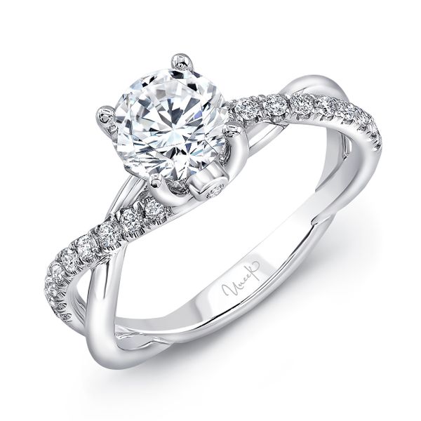 Uneek Round Diamond Engagement Ring with Infinity-Style Crisscross Shank and Two Bezel-Set 